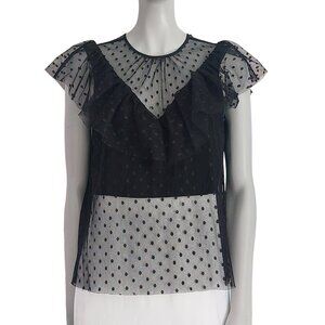MILLY Semi Sheer Mesh Blouse Black Size S Tulle Ruffles Jewel Neck Parisian Chic